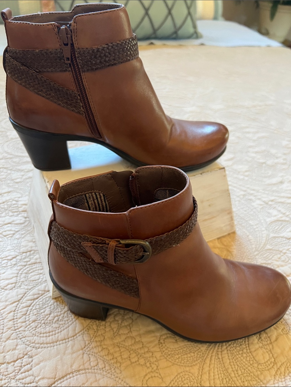 Abeo Chestnut Brown Leather Ankle Booties with Braided Strap